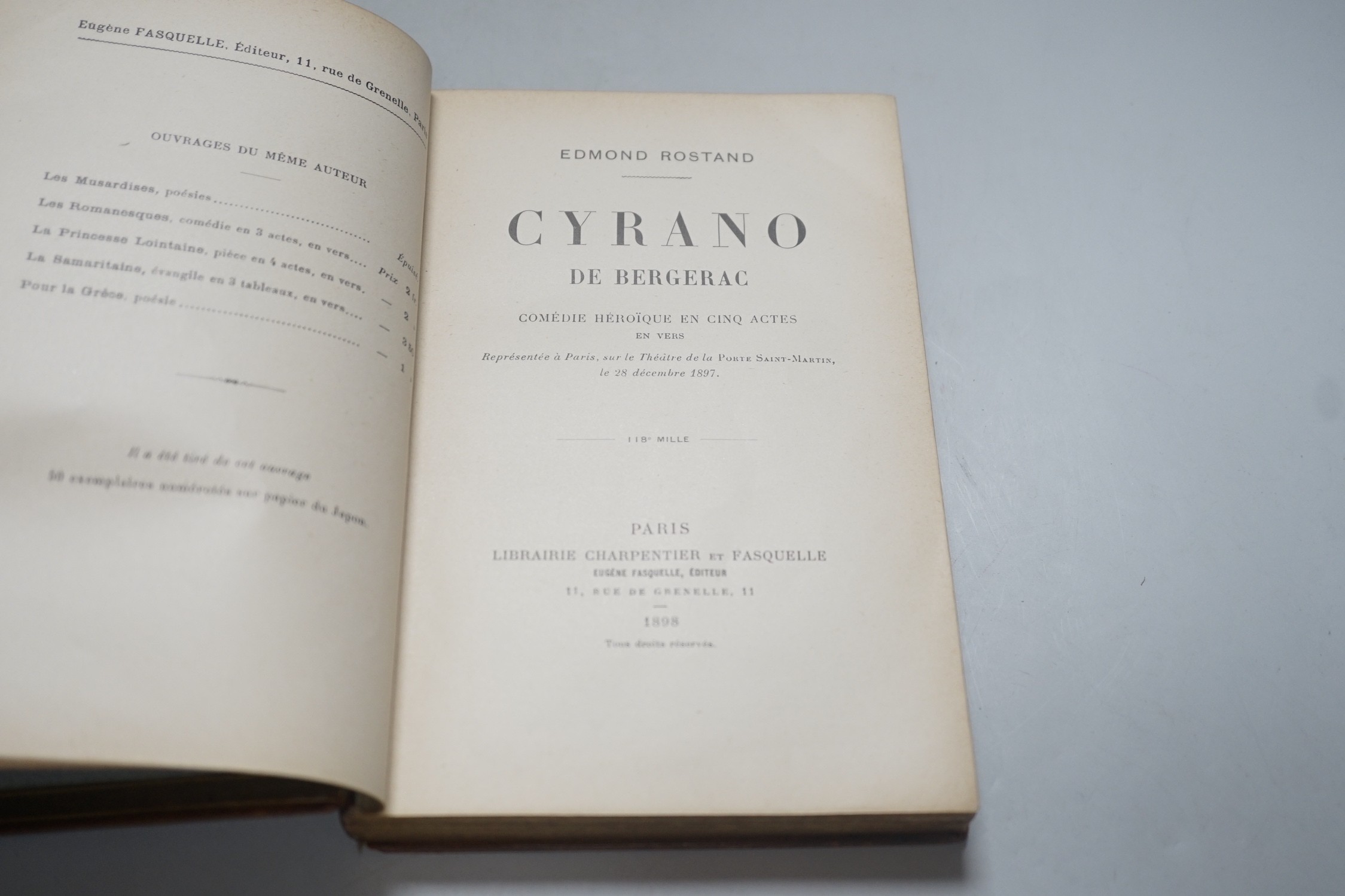 Rostand, Edmond - Cyrano de Bergerac, 12mo, University of Reading prize, tan calf gilt, stamped AP, dated 1900, Charpentier & Fasquelle, Paris, 1898